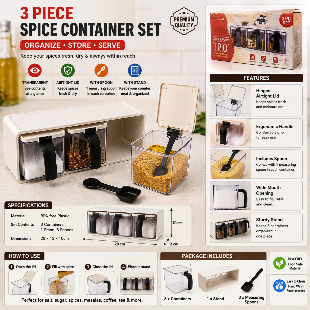 3-Piece Modular Spice Storage Container Set with Stand