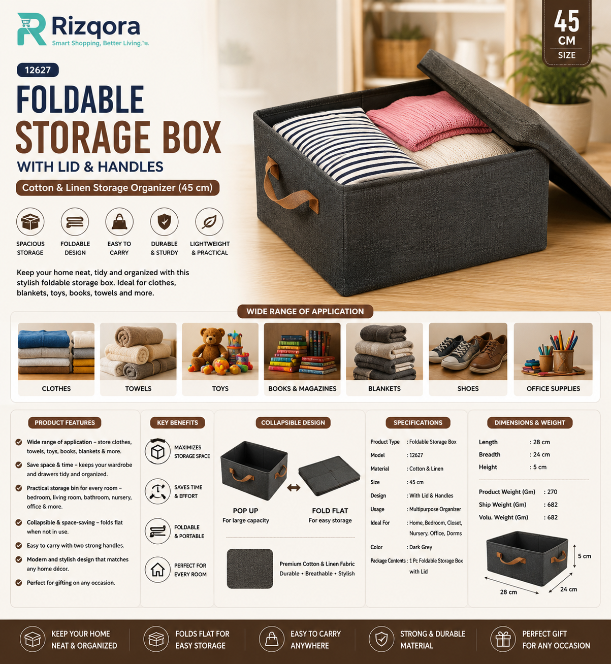 45 cm Foldable Storage Box with Lid & Handles – Collapsible Clothes Organizer Basket for Bedroom, Closet, Nursery & Home