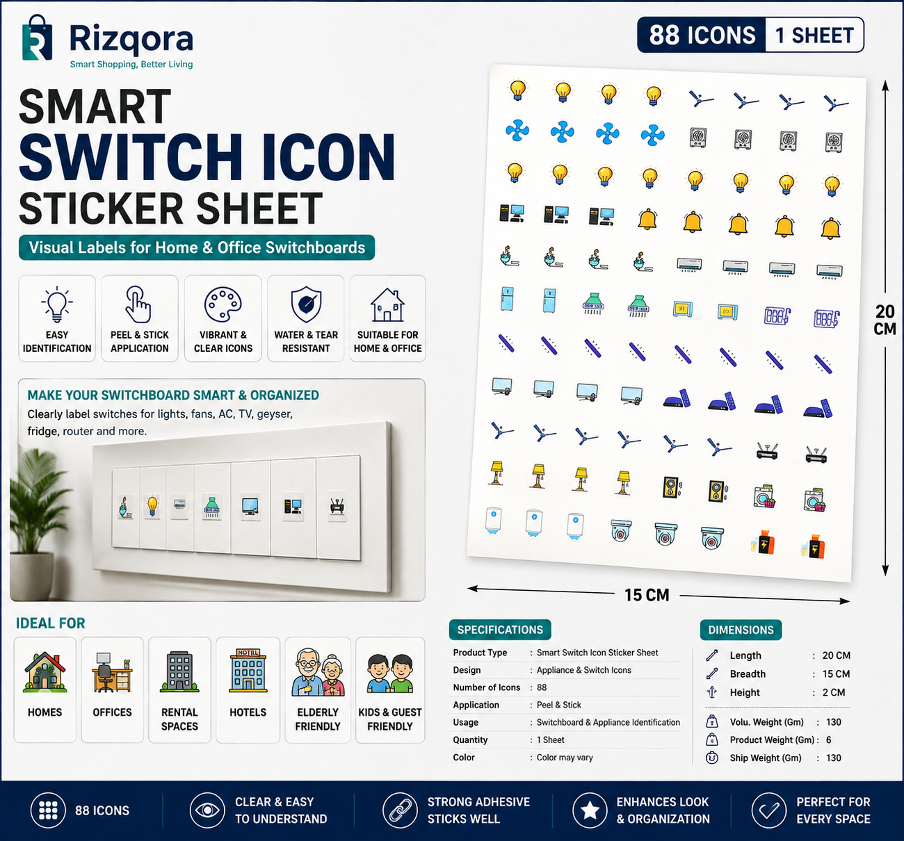 Smart Switch Icon Sticker Sheet | Switchboard Labels for Home & Office | 88 Appliance Icons | 1 Sheet