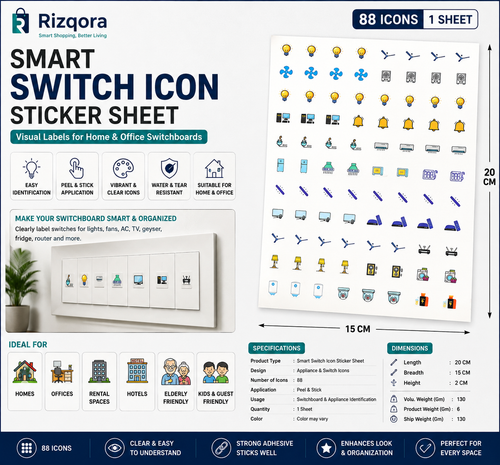 Smart Switch Icon Sticker Sheet | Switchboard Labels for Home & Office | 88 Appliance Icons | 1 Sheet