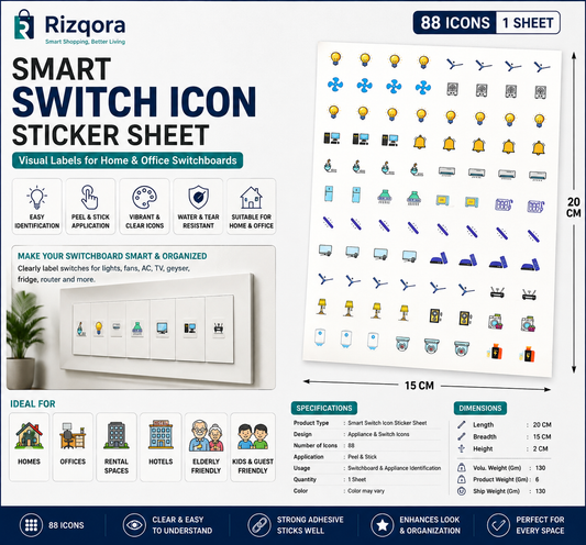 Smart Switch Icon Sticker Sheet | Switchboard Labels for Home & Office | 88 Appliance Icons | 1 Sheet