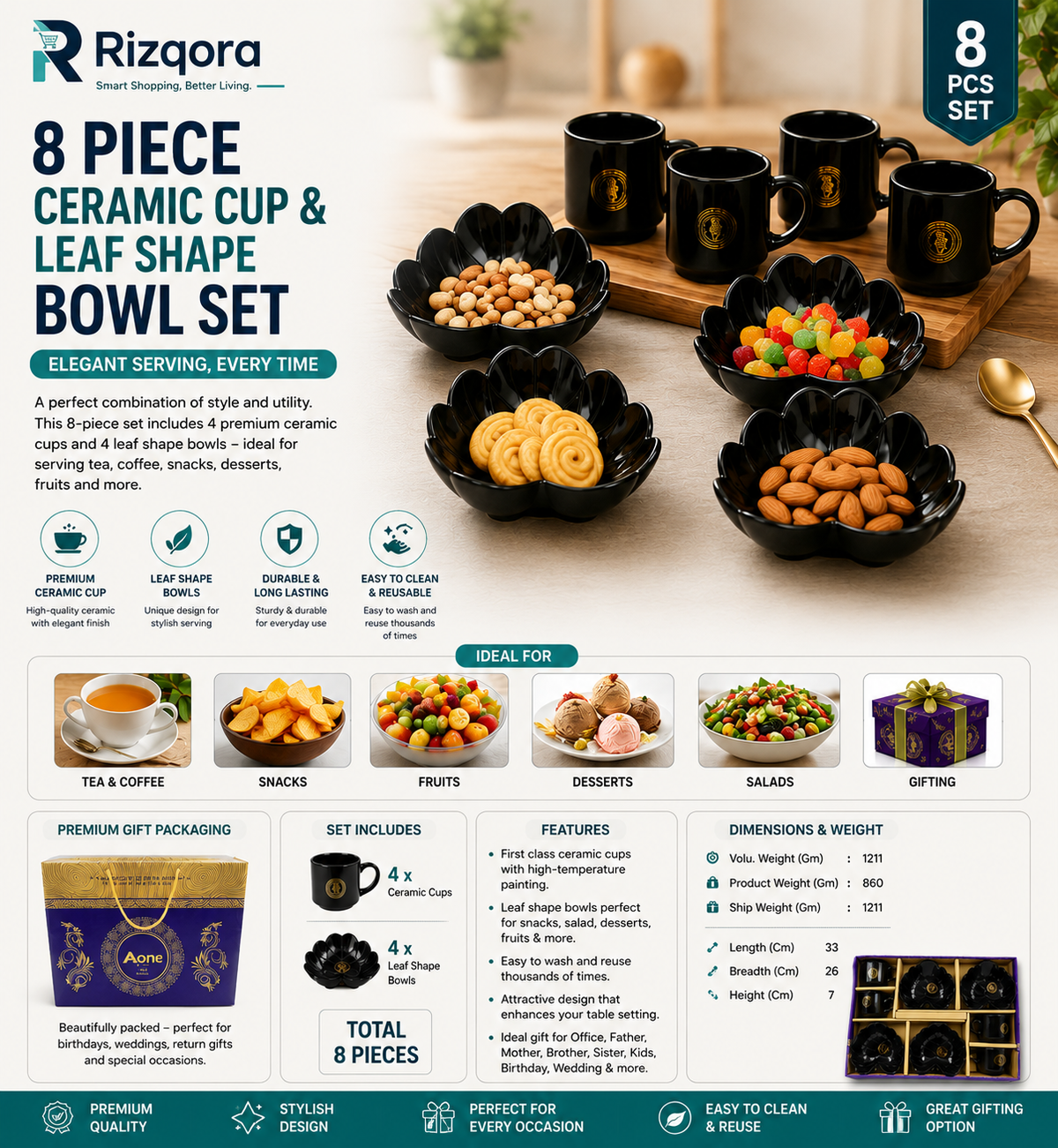 8-Piece Ceramic Cup & Leaf-Shaped Serving Bowl Set – 4 Tea/Coffee Cups with 4 Snack Bowls for Breakfast, Dessert &...