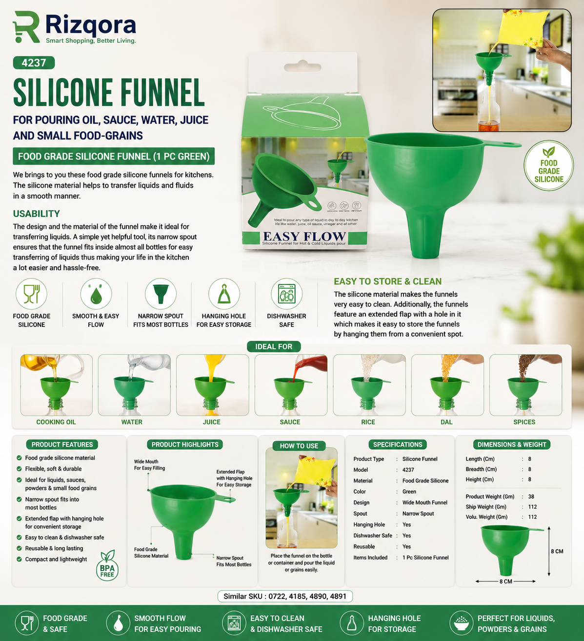 Silicone Kitchen Funnel – Food-Grade Green Funnel for Pouring Oil, Water, Juice, Sauce & Small Food Grains (1 Pc)