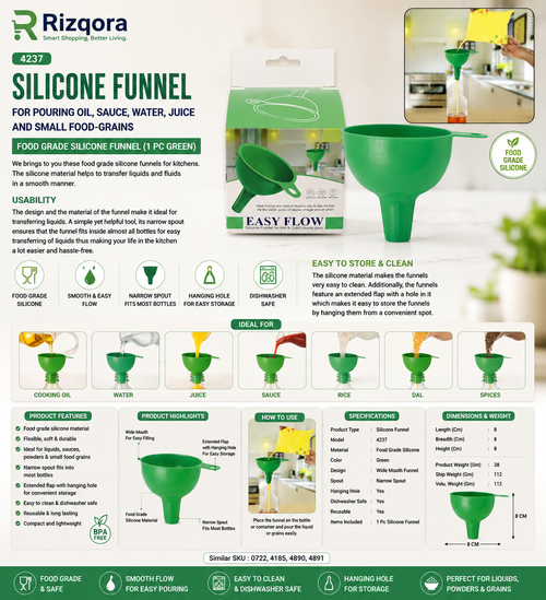 Silicone Kitchen Funnel – Food-Grade Green Funnel for Pouring Oil, Water, Juice, Sauce & Small Food Grains (1 Pc)