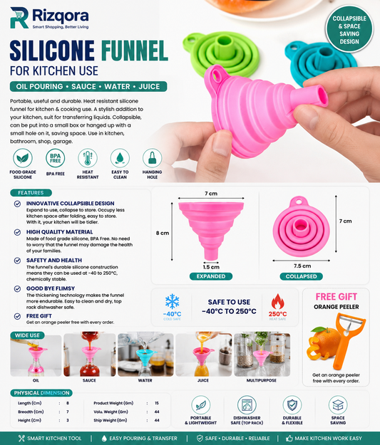 Silicone Kitchen Funnel – Collapsible Food-Grade BPA-Free Funnel for Oil, Sauce, Water & Juice with Free Orange Peeler