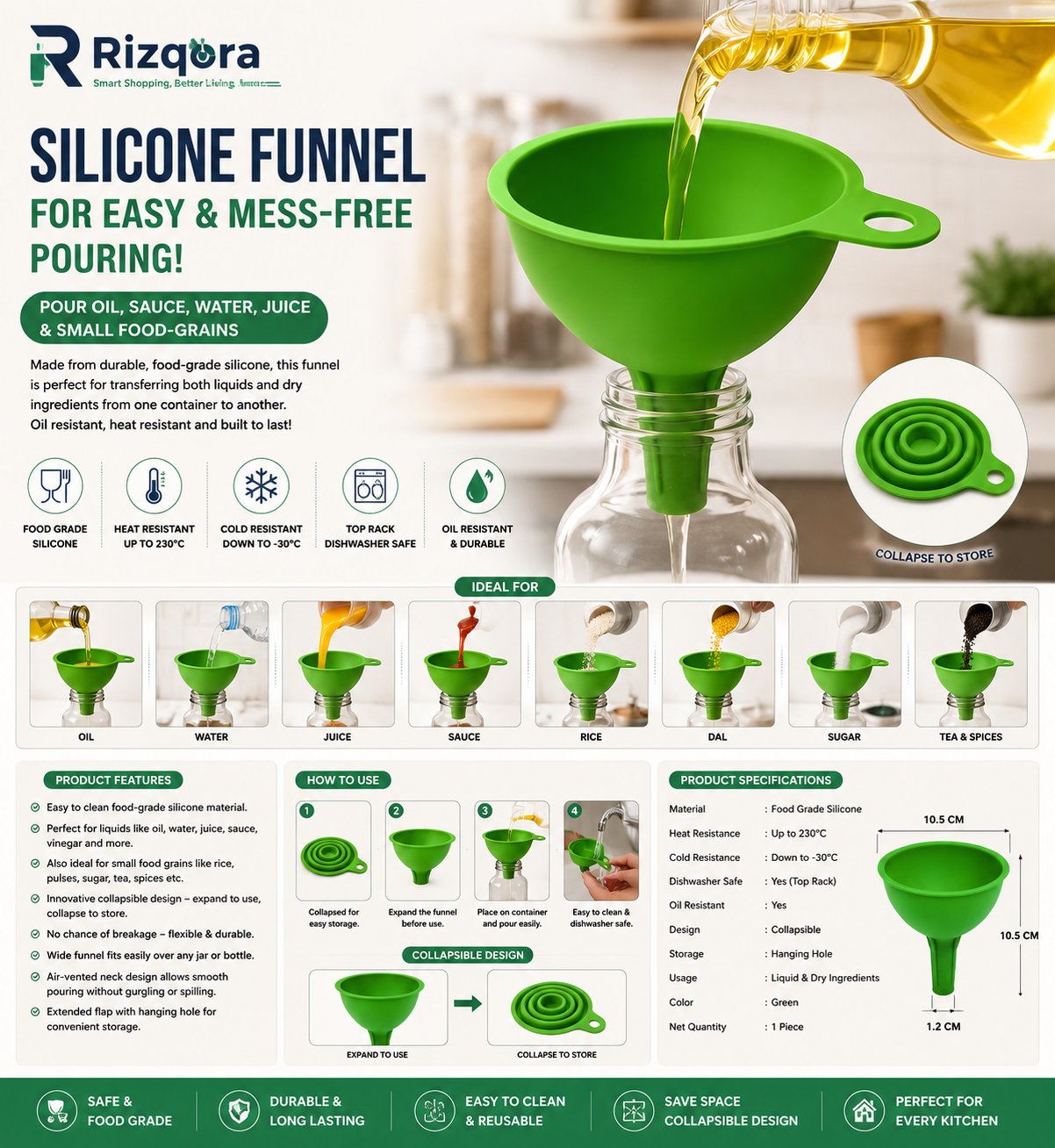 Silicone Collapsible Kitchen Funnel – Food-Grade Oil & Liquid Transfer Funnel for Water, Juice, Sauce, Grains,...
