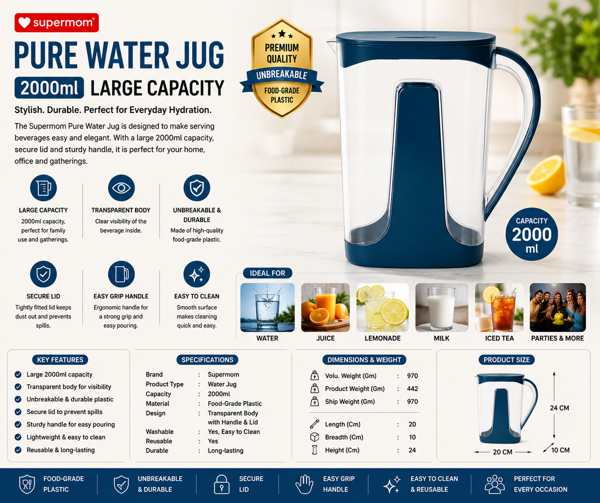 Supermom Pure Water Jug 2000ml – Large Transparent Unbreakable Plastic Jug with Lid & Easy-Grip Handle (1 Pc)
