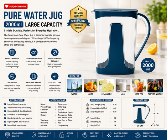 Supermom Pure Water Jug 2000ml – Large Transparent Unbreakable Plastic Jug with Lid & Easy-Grip Handle (1 Pc)